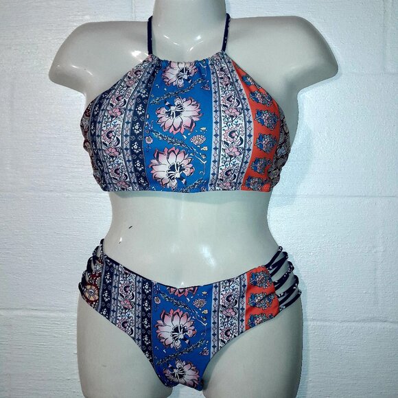 SEASELFIE Halter Tie Back High Cut Bikini Colorful Swimwear 2 Piece Women's L/XL - Picture 1 of 4